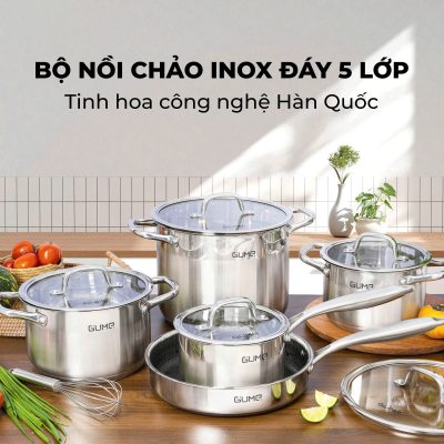 Bộ Nồi Chảo Inox đáy 5 Lớp GMPPS-2201 GUME KOREA - Bảo hành 1 đổi 1 trong 15 ngày (5 sản phẩm)