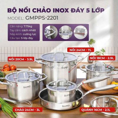 Bộ Nồi Chảo Inox đáy 5 Lớp GMPPS-2201 GUME KOREA - Bảo hành 1 đổi 1 trong 15 ngày (5 sản phẩm)
